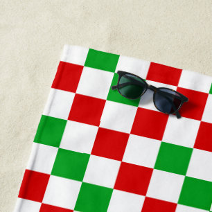 Toalha De Praia Padrão Xadrez Vermelho Branco Verde Design
