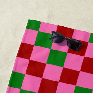 Toalha De Praia Padrão Xadrez Vermelho Rosa Verde Design