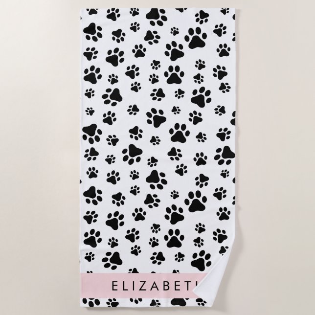 Toalha De Praia Padrões de pata, patas de cão, preto e branco, seu (Frente)
