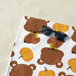 Toalha De Praia Padrões De Ursos, Ursos Bonitos, Queda, Abóboras