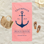 Toalha De Praia Página inicial de férias personalizadas com âncora<br><div class="desc">A praia/toalha de piscina náutica apresenta um estilo costeiro com uma âncora elegante de barco e texto personalizado que pode ser personalizado com um sobrenome familiar casa de praia (ou outro título) com o ano estabelecido e a localização. O design inclui um esquema clássico de azul-marinho e coral-pré-disquete / cor-de-rosa-salmão....</div>