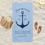 Toalha De Praia Página inicial de férias personalizadas de âncora<br><div class="desc">A praia/toalha de piscina náutica apresenta um estilo costeiro com uma âncora elegante de barco e texto personalizado que pode ser personalizado com um sobrenome familiar   casa de praia (ou outro título) com o ano estabelecido e a localização. Design inclui um esquema de cor azul marinho e azul-cinza empoeirado.</div>