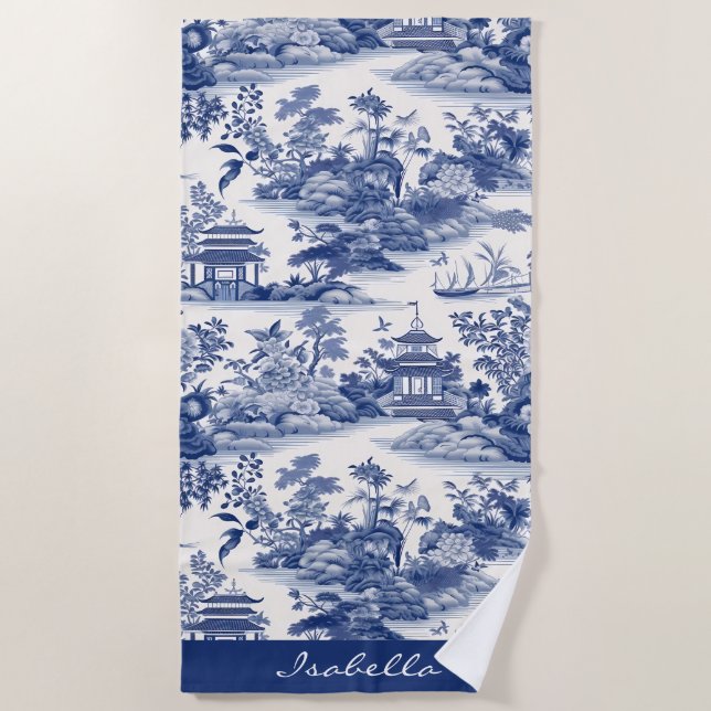 Toalha De Praia Pagoda Azul Pagoda Padrão Chinoiserie Personalizad (Frente)