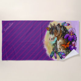 Toalha De Praia Paint Horse Mustang com Íris e borboletas
