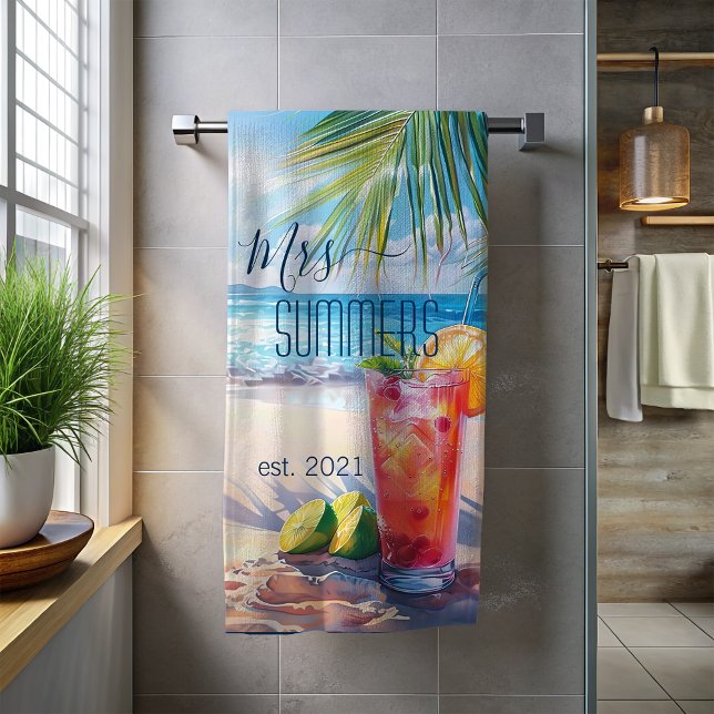 Toalha De Praia Paisagem de Cocktail da Noiva Newlywn Monograma (Criador carregado)