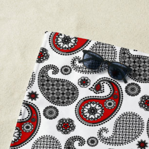 Toalha De Praia Paisley Pattern, Preto, Branco e Vermelho