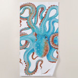 Toalha De Praia Pálida Azul Octopus Aquarela