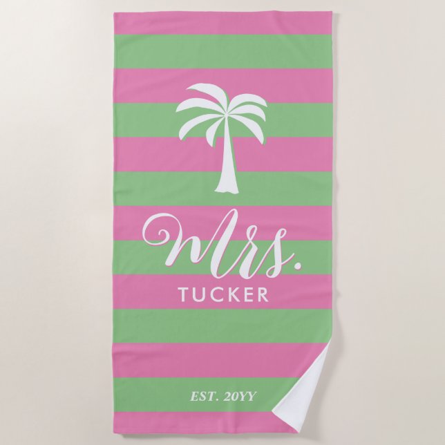Toalha De Praia Palm Tree Beachy Pink Green Wedding Gift (Frente)