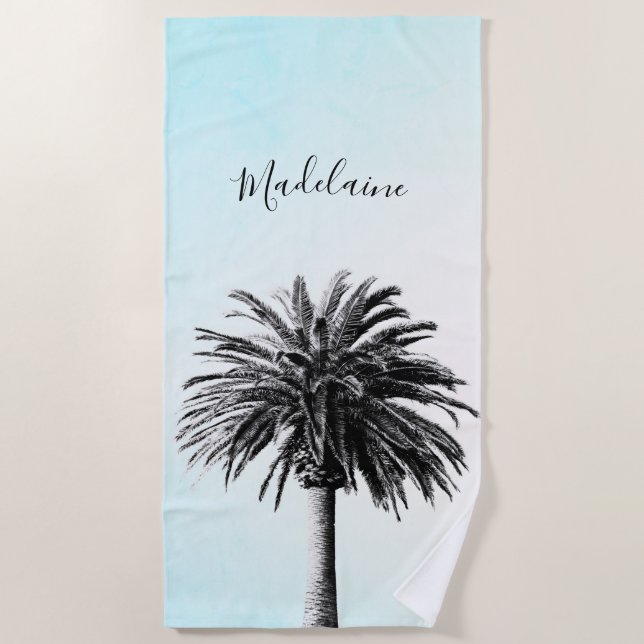 Toalha De Praia Palm Tree Black White Blue Sky Personal (Frente)