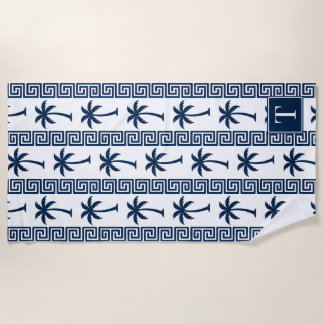 Toalha De Praia Palm Tree Greek Key Stripe – Navy Coastal Preppy