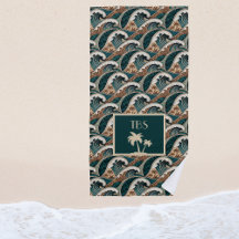 Palm Trees Polynesian Waves Vintage Beach Monogram