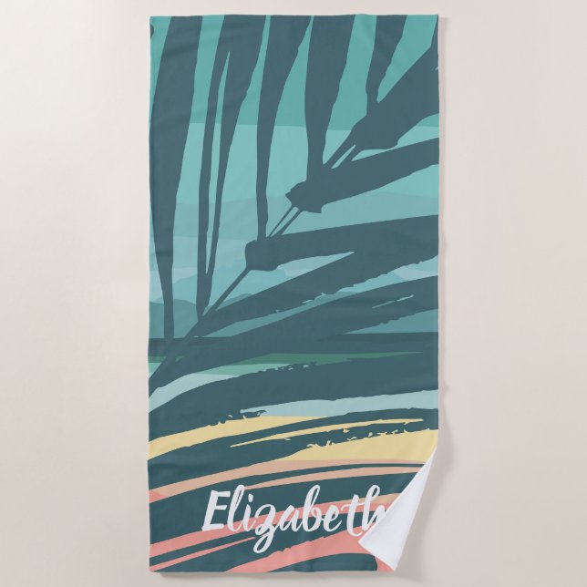 Toalha De Praia Palm Tropical Leaf Sunset Nome Personalizado (Frente)