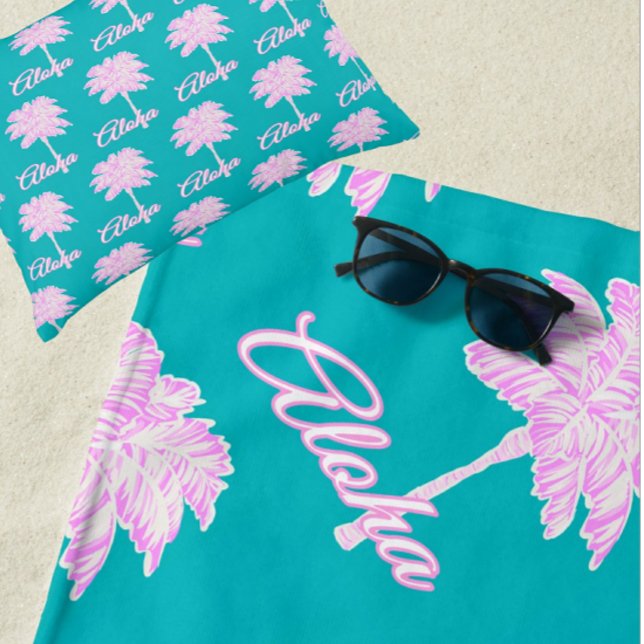 Toalha De Praia Palma Branca Rosa Turquesa Aloha Tropical (Where's the beach! Fun tropical beach towel.)