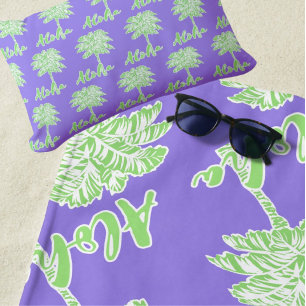 Toalha De Praia Palma branca verde-púrpura Aloha tropical