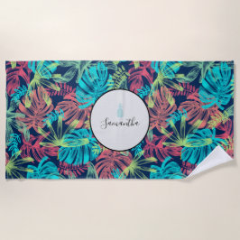 Toalha De Praia Palma Tropical Deixa Monograma Turquoise Coral
