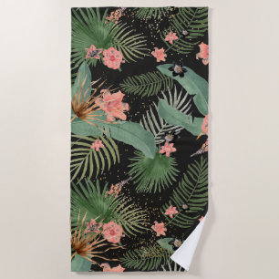 Toalha De Praia Palma Tropical Deixa Preto Floral Rosa