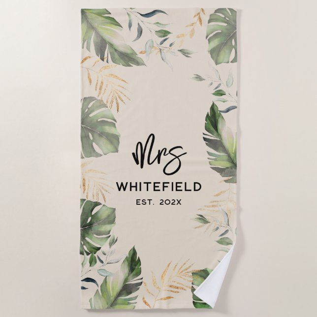 Toalha De Praia Palma Tropical Folhas Script Personalizadas Botâni (Frente)