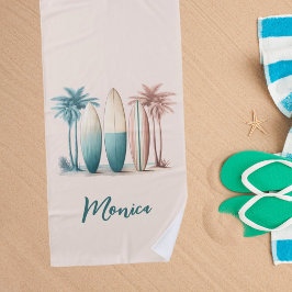 Toalha De Praia Palmeiras-pranchas retro-amarelo