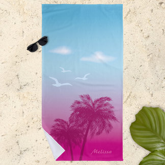 Toalha De Praia Palmeiras Rosa Tropical Pôr do Sol de Verão Com No
