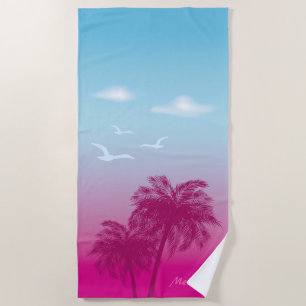 Toalha De Praia Palmeiras Rosa Tropical Pôr do Sol de Verão Com No