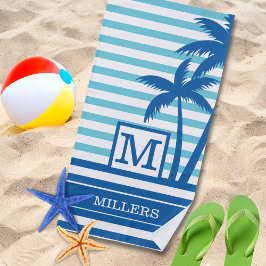 Toalha De Praia Palmeiras Tropicais Monograma Nome Azul Azul