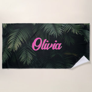 Toalha De Praia Palmeiras Tropicais Neon Nome Personalizado Desped