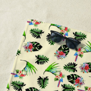 Toalha De Praia Papagaios Tropicais e Padrão Floral
