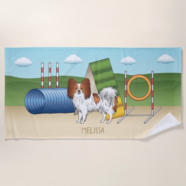 Toalha De Praia Papillon Vermelho e Branco com Equipamento de Agil (Frente)