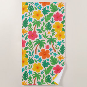 Toalha De Praia Paraíso Tropical - Folhas de Palma e Padrão de Hib