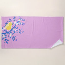 Toalha De Praia Pássaro Amarelo Ilustrado em um Fundo Rosa