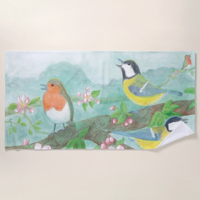 Toalha De Praia Pássaros cantando em um galho de árvore florescent (Frente)