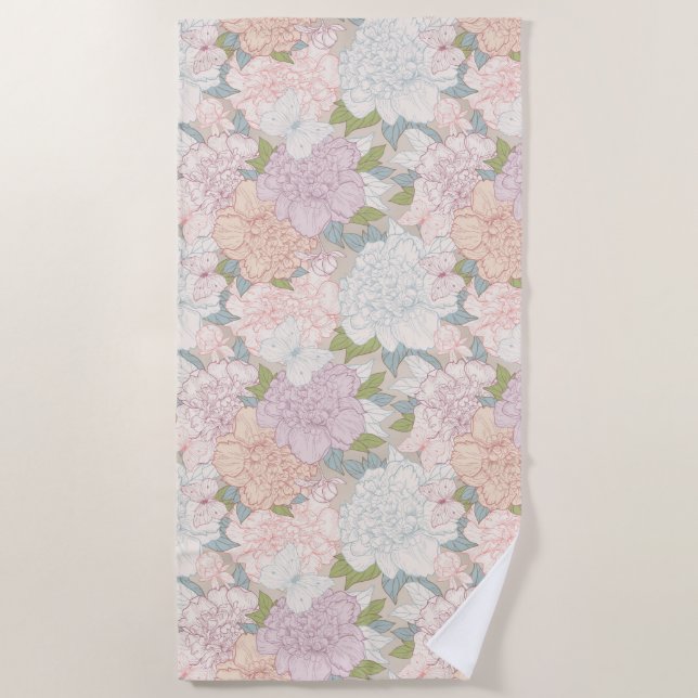 Toalha De Praia Pastel Peony & Butterfly Fllower Pattern (Frente)
