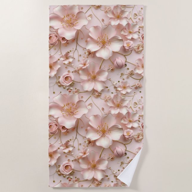 Toalha De Praia Pastel Rosa Bonito Floral (Frente)