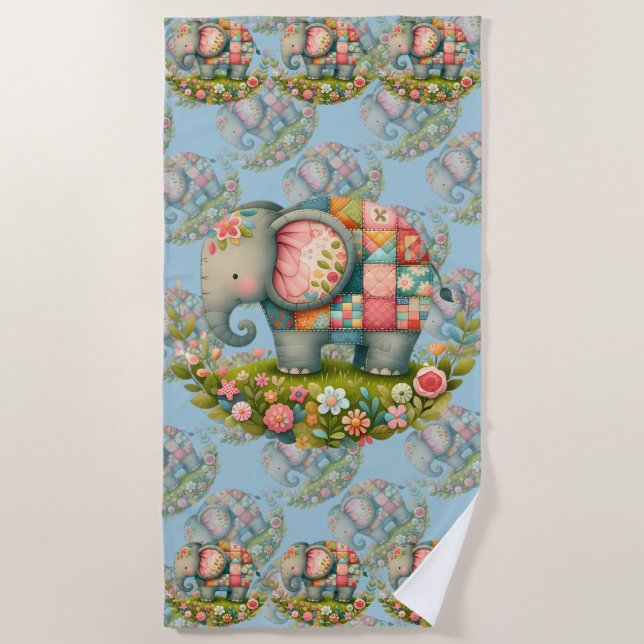 Toalha De Praia Patchwork Elephant Floral Meadow Charm (Frente)