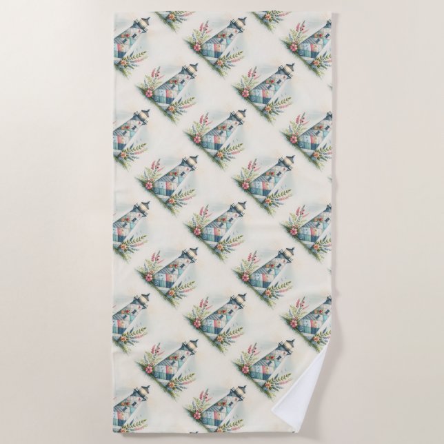 Toalha De Praia Patchwork Lighthouse Coastal Floral Scene (Frente)