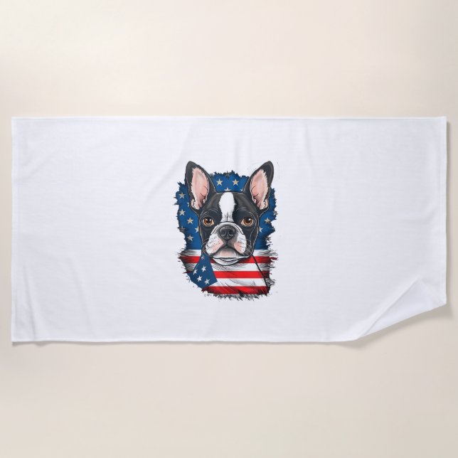 Toalha De Praia Patriótico Boston Terrier Dog Puppy American Flag  (Frente)