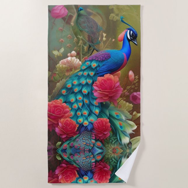 Toalha De Praia Pavão Azul, Jardim Rosa Rosa Rosa Rosa Rosa (Frente)