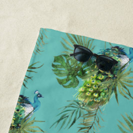 Toalha de Praia Pavão e Folhas Tropicais