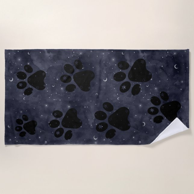 Toalha De Praia Paw Stars Moon Blue Watercolor (Frente)