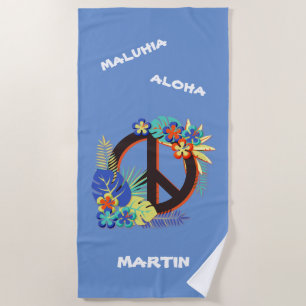 Toalha De Praia Paz Tropical Havaiana Amor Nome Colorido Azul