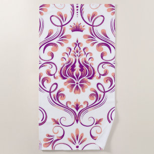 Toalha De Praia Peach e Damasco Roxo Padrão Floral Elegante