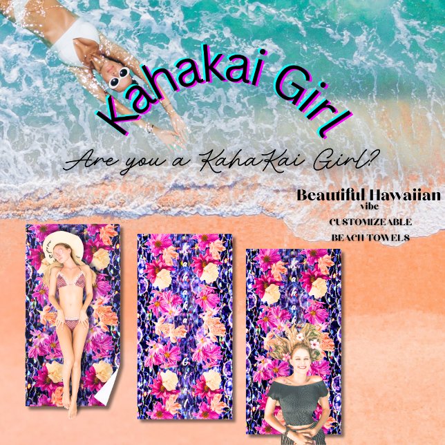 Toalha De Praia Pedra Glitter De Flores Selvagens "Kahakai Girl" (Customizable floral beach towels with vertical text that reads "Kahakai Girl," for sea-loving girls)
