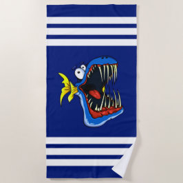 Toalha De Praia Peixe Piranha Azul em Listras Azul-Marinho e Branc