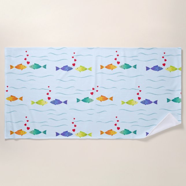 Toalha De Praia Peixe romântico bonito no oceano apaixonado (Frente)
