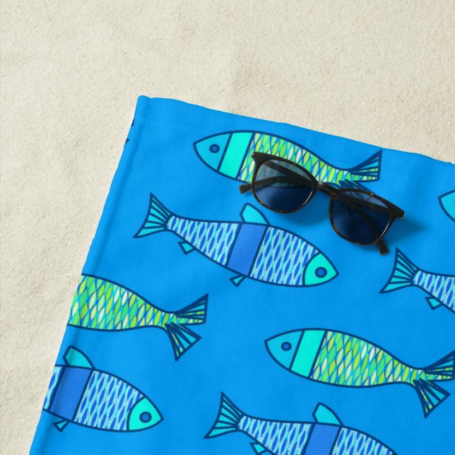 Toalha De Praia Peixes Modernos Retro, Turquesa e Azul Ceruleu (In Situ)