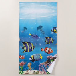 Toalha De Praia Peixes Tropicais nadando no fundo do mar