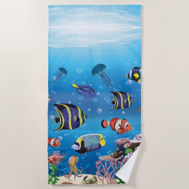 Toalha De Praia Peixes Tropicais nadando no fundo do mar (Frente)