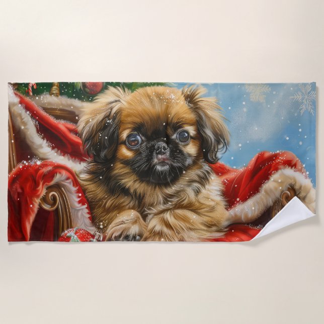 Toalha De Praia Pekingese Cachorro Natal Festivo (Frente)