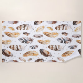 Toalha De Praia Penas Nativas Tribais de Creme Castanho