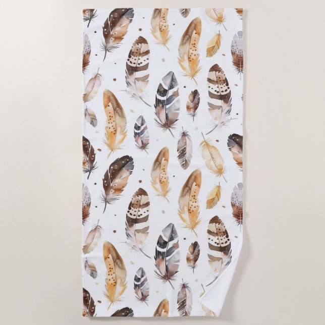 Toalha De Praia Penas Nativas Tribais de Creme Castanho (Frente)